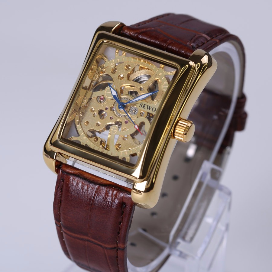 Vintage Series Men's Watch Brown Leather Mechanical Skeleton Watches Top Gold Dial Luxury Wristwatch