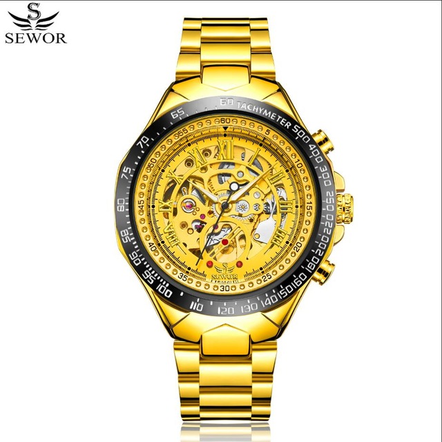 Men Gold Watches Automatic Mechanical Watch Male Skeleton Wristwatch Stainless Steel Band