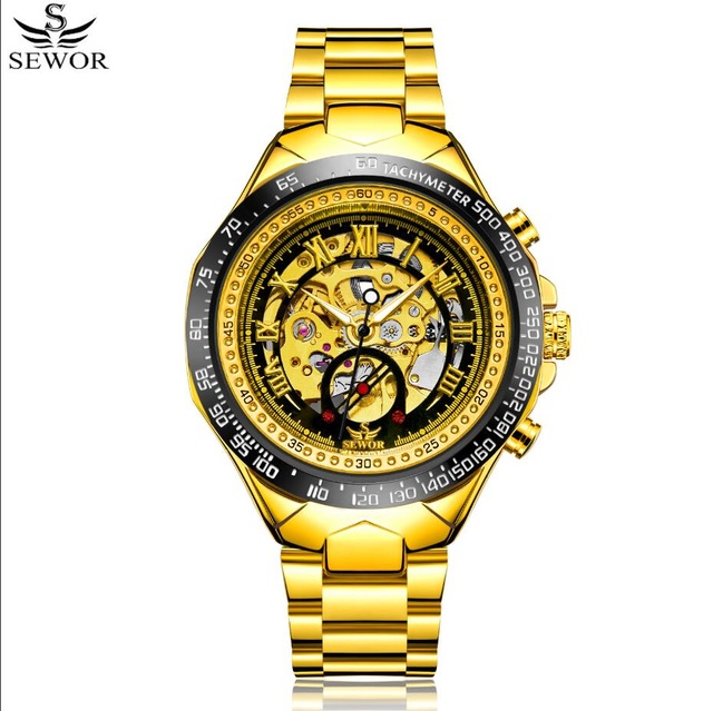 Men Gold Watches Automatic Mechanical Watch Male Skeleton Wristwatch Stainless Steel Band