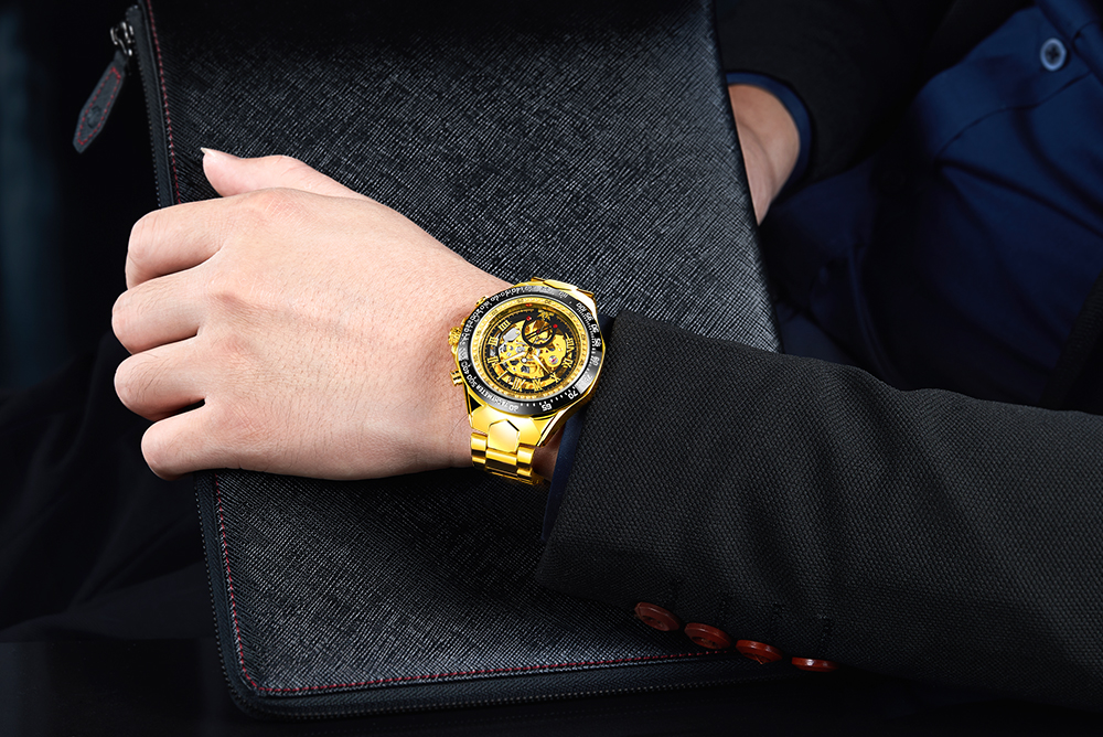 Men Gold Watches Automatic Mechanical Watch Male Skeleton Wristwatch Stainless Steel Band