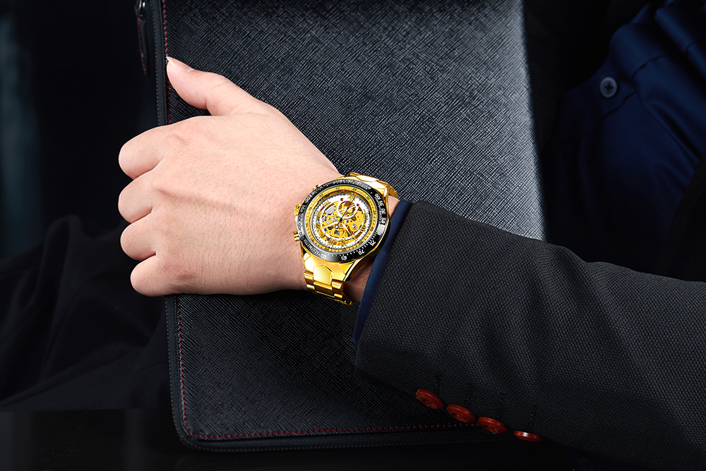 Men Gold Watches Automatic Mechanical Watch Male Skeleton Wristwatch Stainless Steel Band