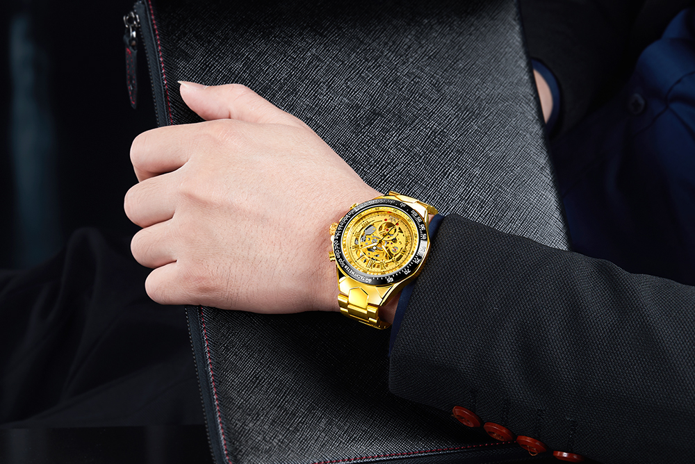 Men Gold Watches Automatic Mechanical Watch Male Skeleton Wristwatch Stainless Steel Band