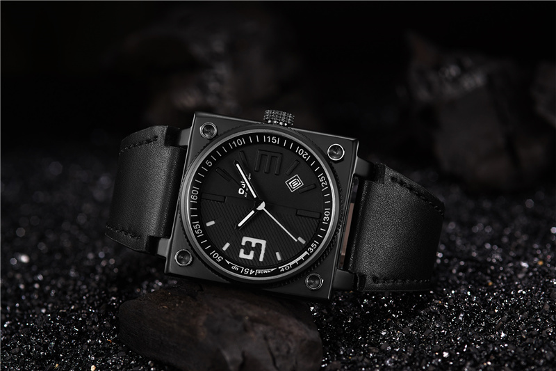 New Fashion Square Watch Auto Date Genuine Leather Strap Sport Quartz Watches Men Clock