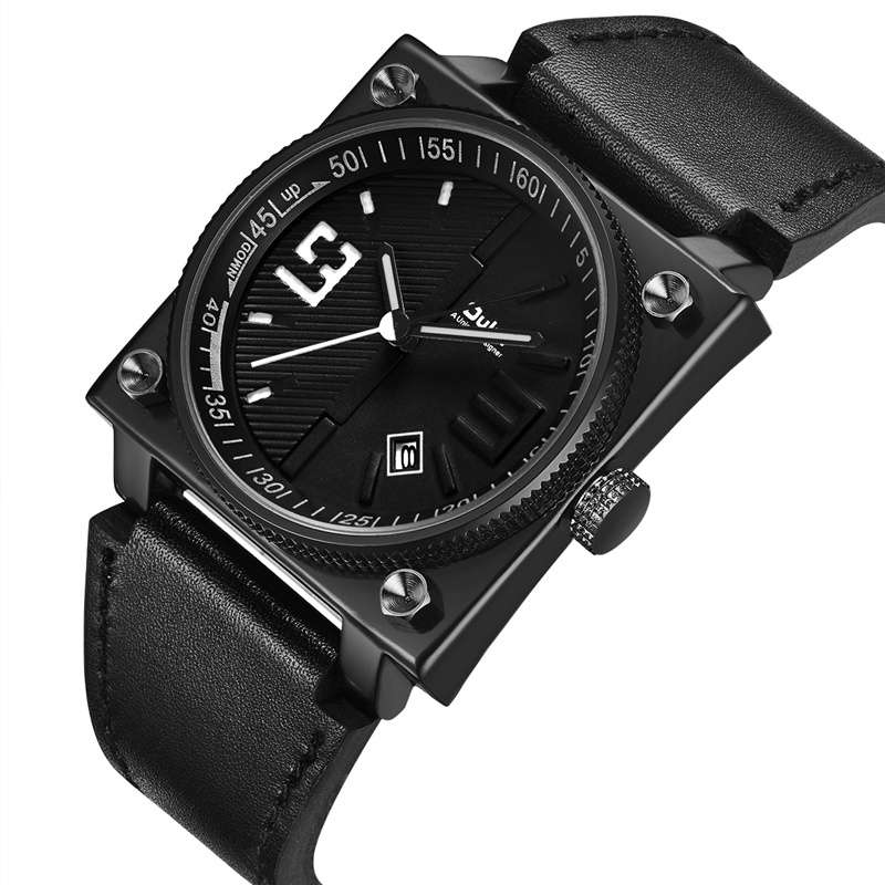 New Fashion Square Watch Auto Date Genuine Leather Strap Sport Quartz Watches Men Clock