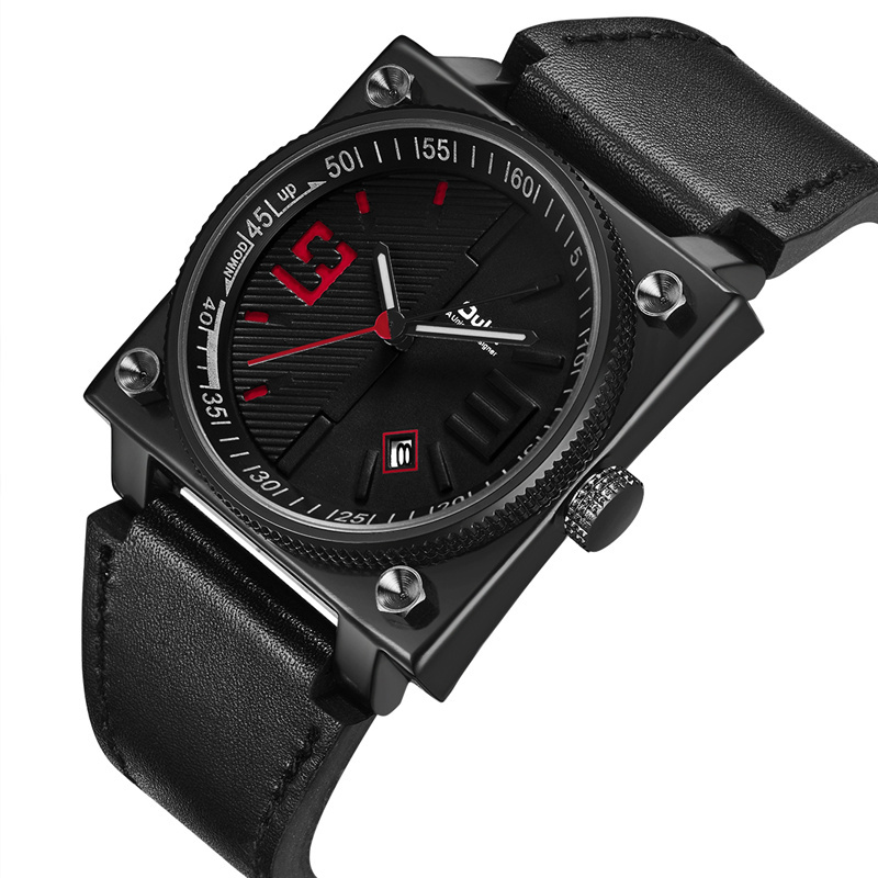 New Fashion Square Watch Auto Date Genuine Leather Strap Sport Quartz Watches Men Clock