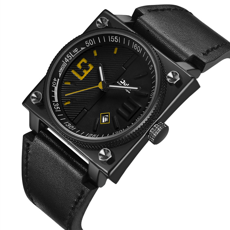 New Fashion Square Watch Auto Date Genuine Leather Strap Sport Quartz Watches Men Clock