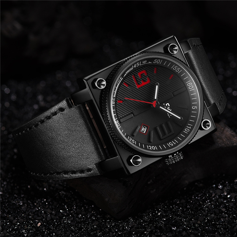 New Fashion Square Watch Auto Date Genuine Leather Strap Sport Quartz Watches Men Clock