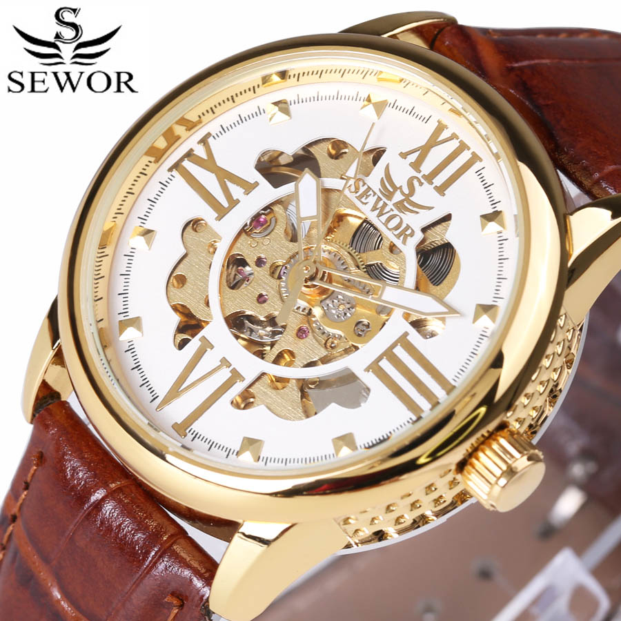 transparent casual design leather strap men's watch  luxury mechanical hollow watch Xmas gift