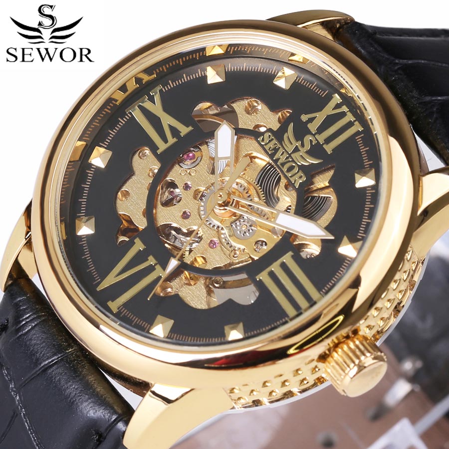 transparent casual design leather strap men's watch  luxury mechanical hollow watch Xmas gift