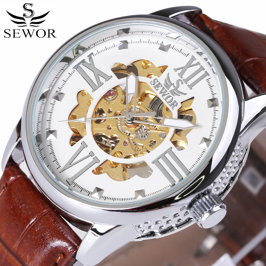 transparent casual design leather strap men's watch  luxury mechanical hollow watch Xmas gift