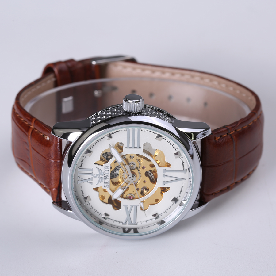 transparent casual design leather strap men's watch  luxury mechanical hollow watch Xmas gift