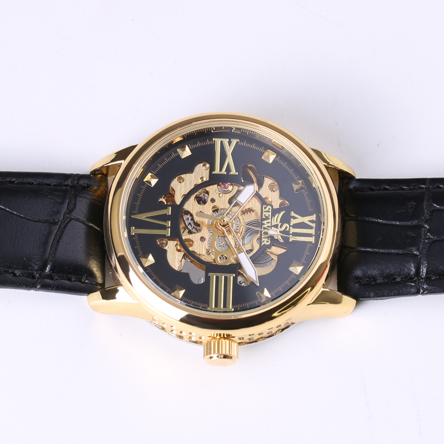 transparent casual design leather strap men's watch  luxury mechanical hollow watch Xmas gift