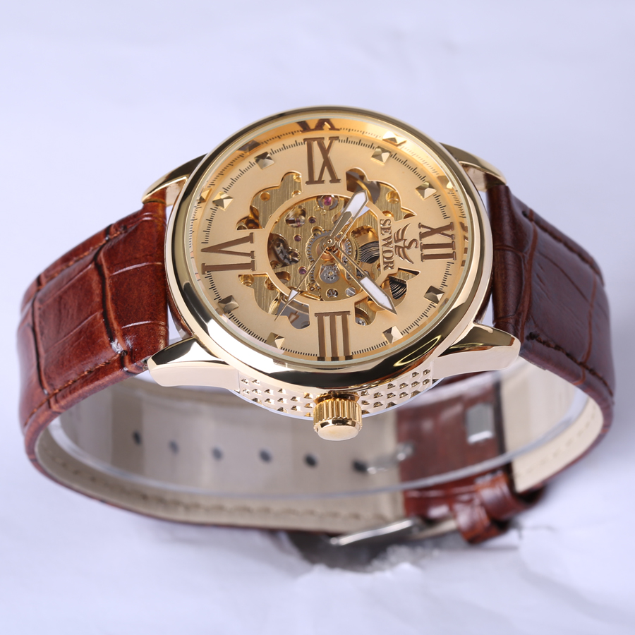 transparent casual design leather strap men's watch  luxury mechanical hollow watch Xmas gift
