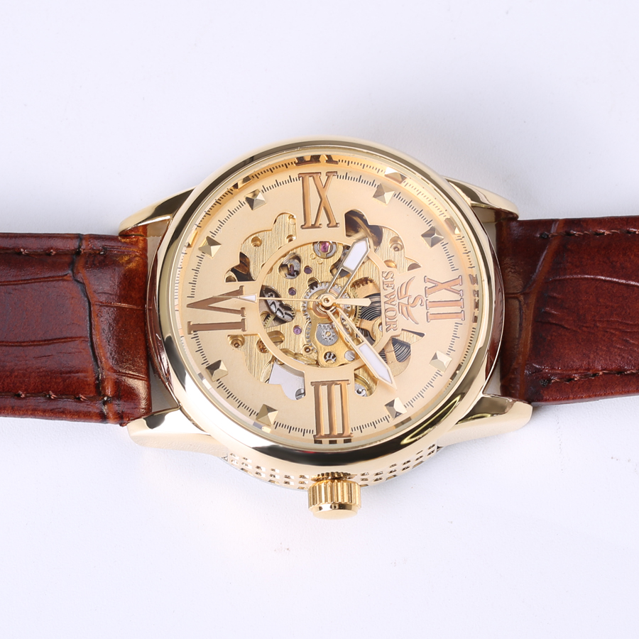 transparent casual design leather strap men's watch  luxury mechanical hollow watch Xmas gift