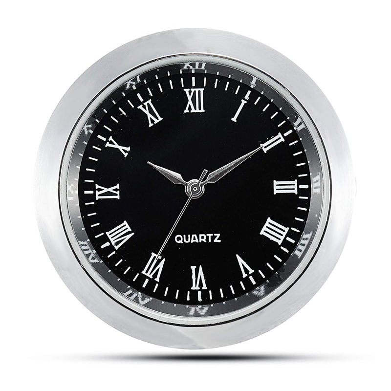 Mini Clock Insert Quartz Movement Round 1 7/16&quot; (35mm) Black Face Silver Tone Roman Numerals