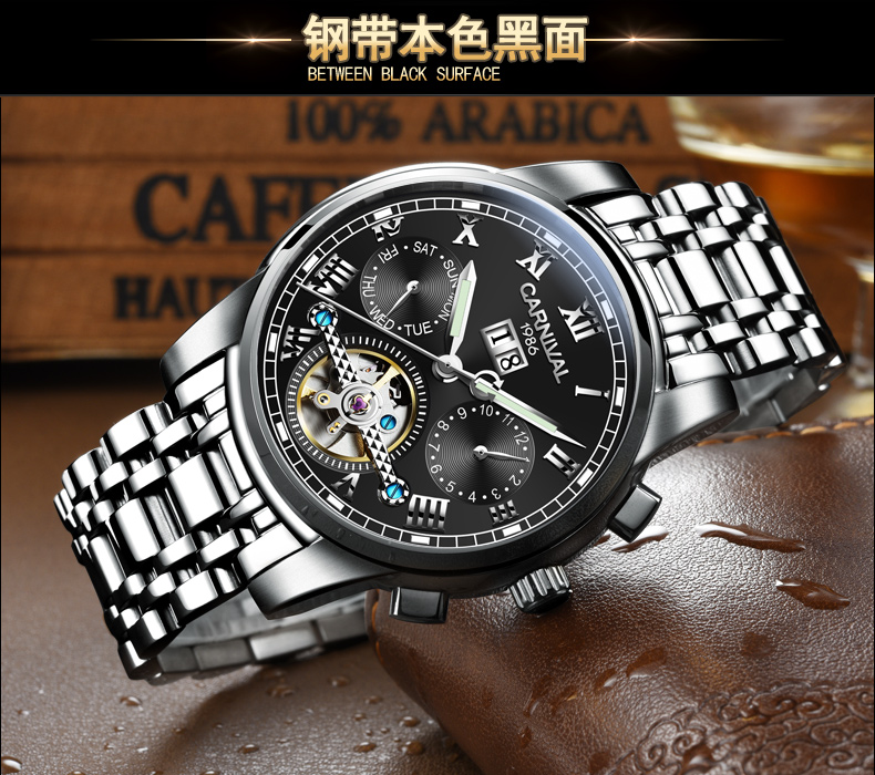 New Carnival Tourbillon Automatic Mechanical Watch Business Stainless Steel Mens Watches