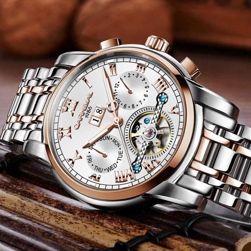 New Carnival Tourbillon Automatic Mechanical Watch Business Stainless Steel Mens Watches