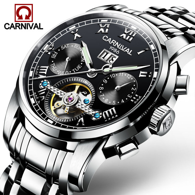 New Carnival Tourbillon Automatic Mechanical Watch Business Stainless Steel Mens Watches