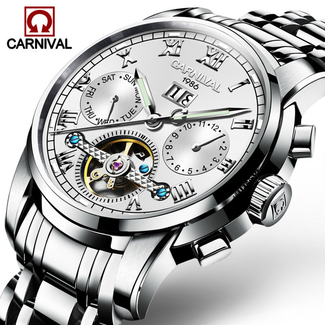 New Carnival Tourbillon Automatic Mechanical Watch Business Stainless Steel Mens Watches