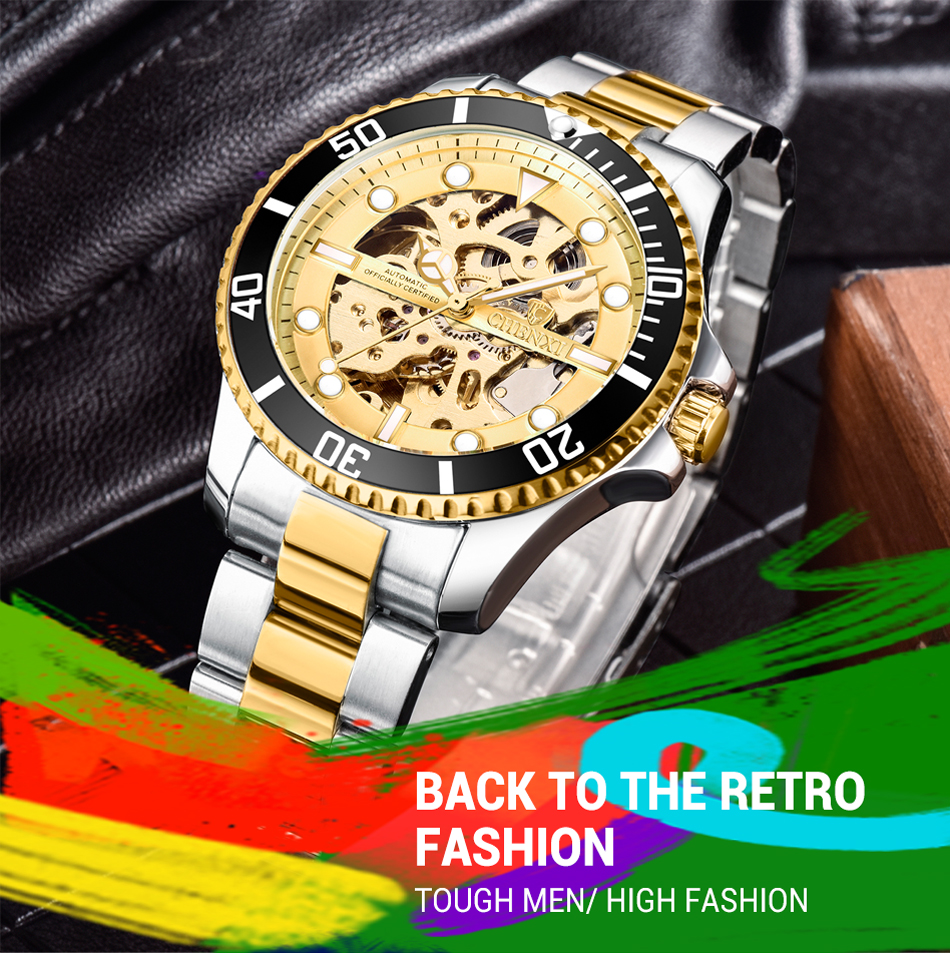 Hollow automatic mechanical watch cross-border fashion waterproof men's watch Steel belt watch