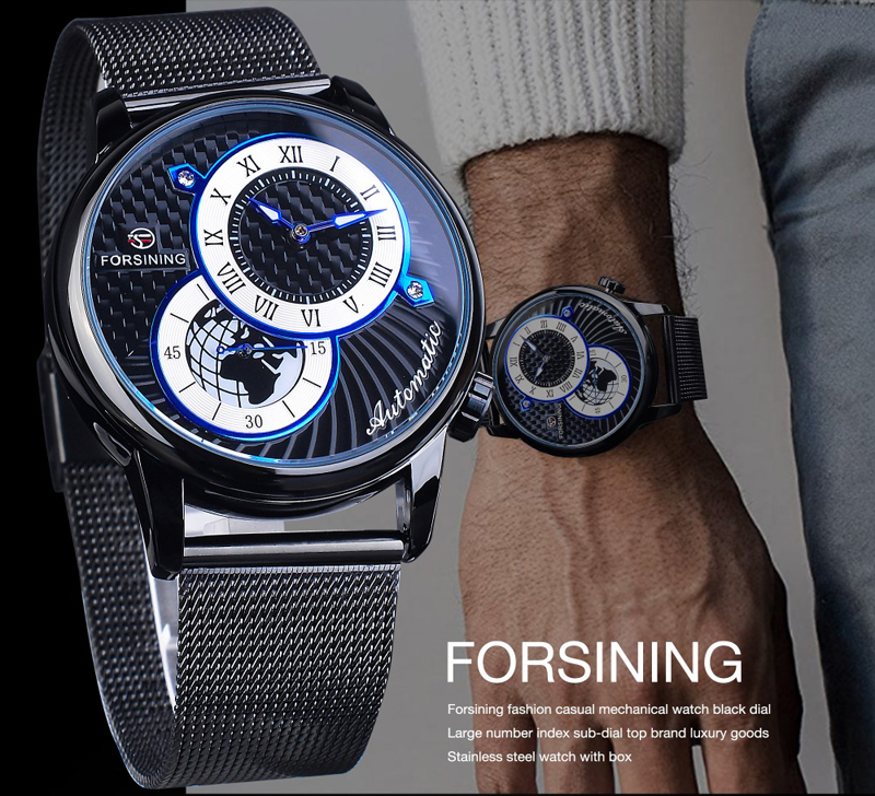 Men's Personality Design Literal Automatic Mechanical Watch Mesh Steel Band Watch Men's Match