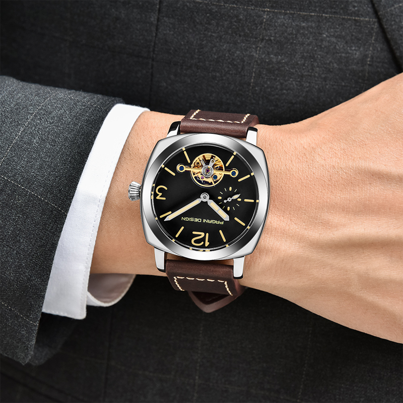 Luxury Tourbillon Mechanical Watches Genuine Leather Fashion Skeleton Automatic Watch dropshipping