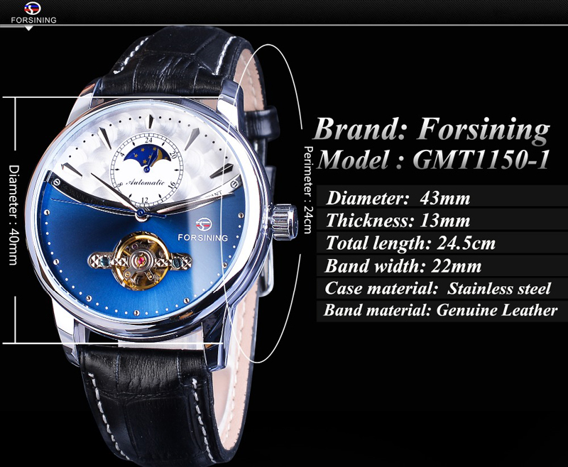 Classic Blue Moon Phase Mechanical Watches Automatic Tourbillon Men's Genuine Leather Watch
