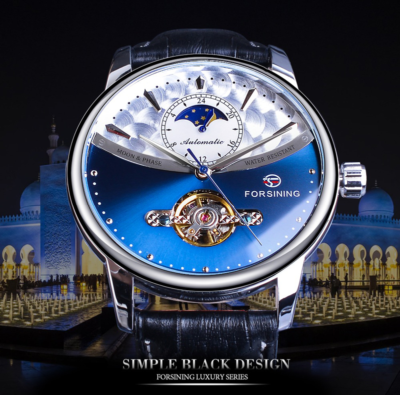 Classic Blue Moon Phase Mechanical Watches Automatic Tourbillon Men's Genuine Leather Watch