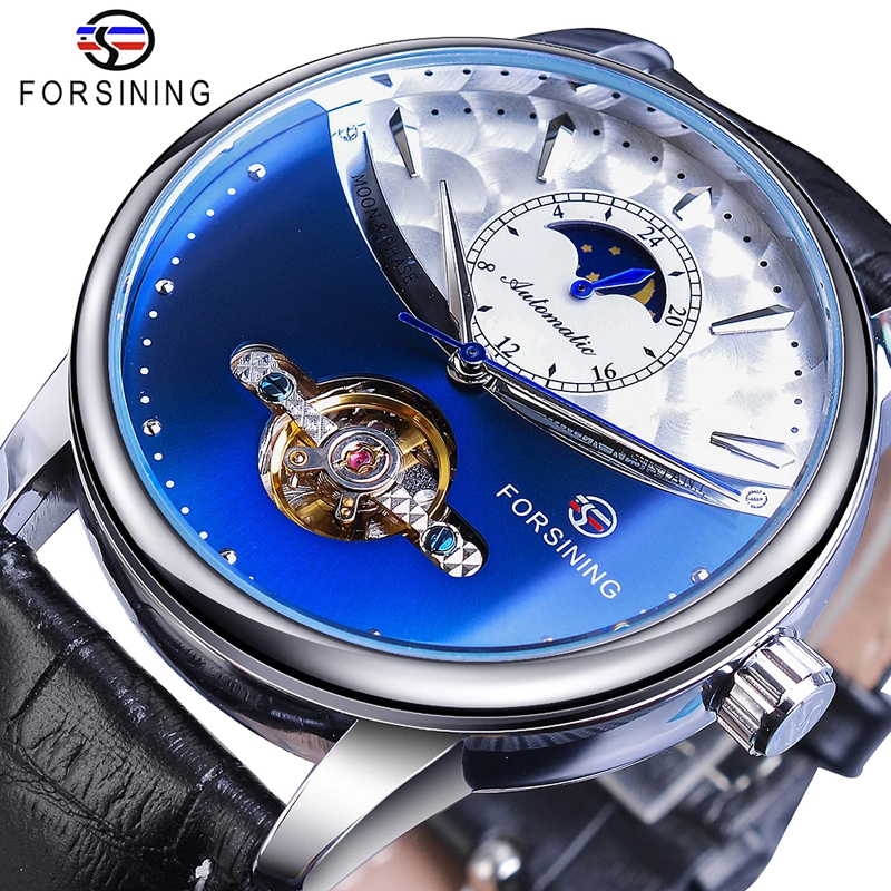 Classic Blue Moon Phase Mechanical Watches Automatic Tourbillon Men's Genuine Leather Watch