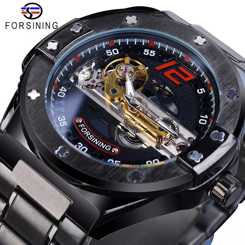 Men Watch Automatic Mechanical Golden Bridge Hollow Stainless Steel Band Wrist Watches Man Clock