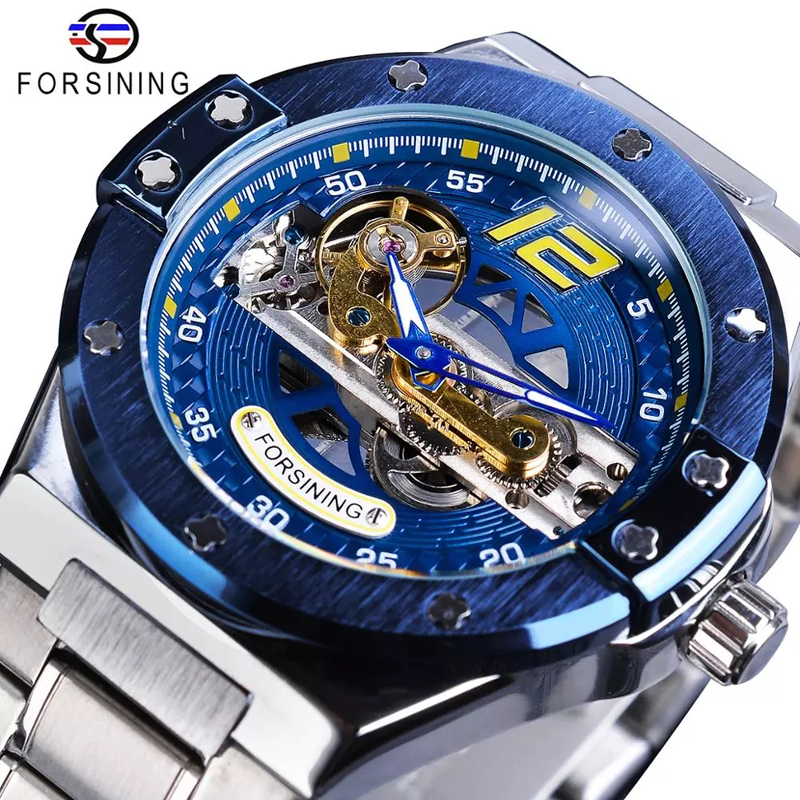 Men Watch Automatic Mechanical Golden Bridge Hollow Stainless Steel Band Wrist Watches Man Clock