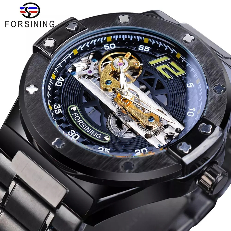 Men Watch Automatic Mechanical Golden Bridge Hollow Stainless Steel Band Wrist Watches Man Clock