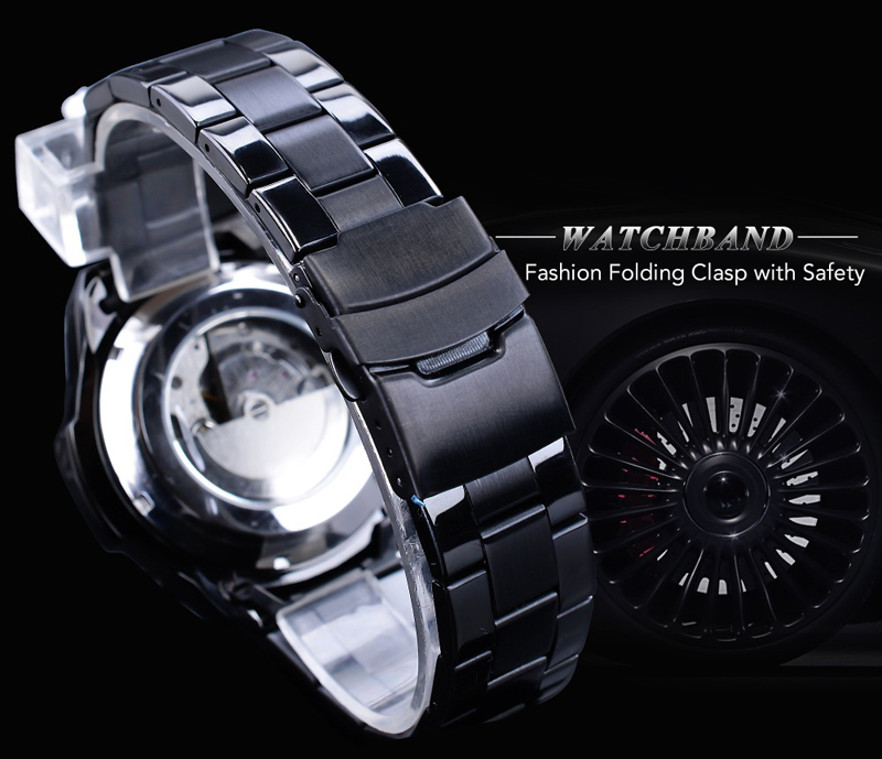 Men&apos;s Automatic Watch Blue Steel Band Calendar 3 Sub Dial Wristwatch Mechanical Male Clock