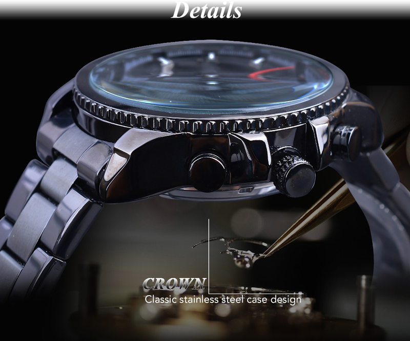 Men&apos;s Automatic Watch Blue Steel Band Calendar 3 Sub Dial Wristwatch Mechanical Male Clock