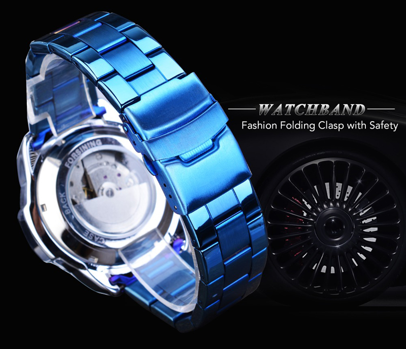 Men&apos;s Automatic Watch Blue Steel Band Calendar 3 Sub Dial Wristwatch Mechanical Male Clock