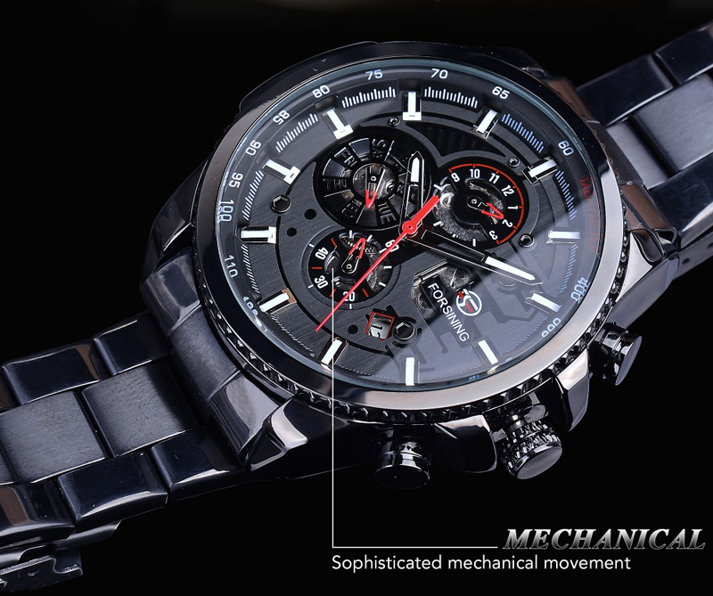 Men&apos;s Automatic Watch Blue Steel Band Calendar 3 Sub Dial Wristwatch Mechanical Male Clock