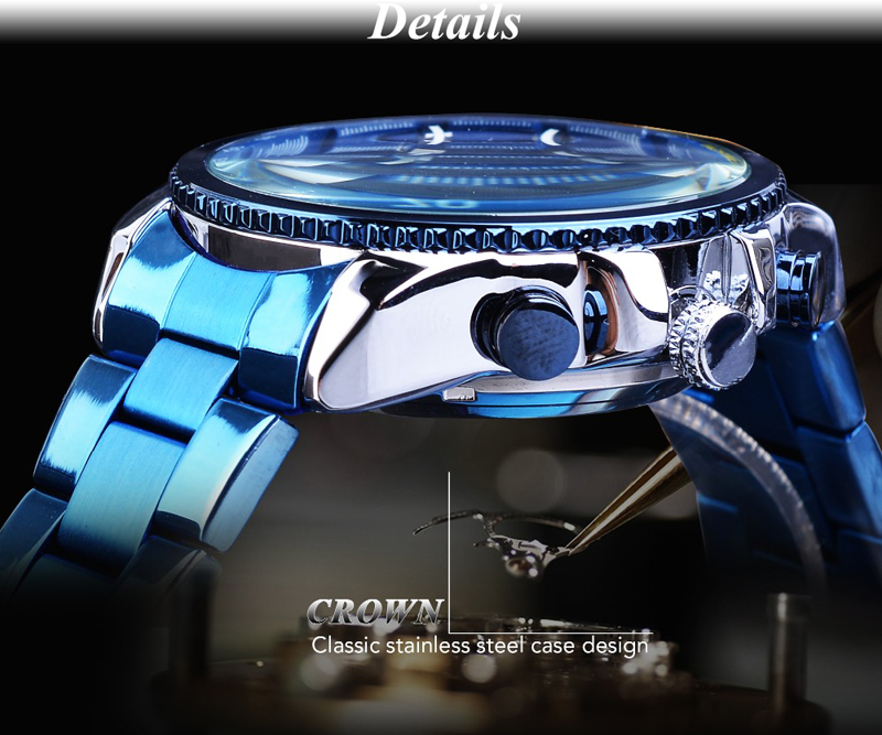 Men&apos;s Automatic Watch Blue Steel Band Calendar 3 Sub Dial Wristwatch Mechanical Male Clock