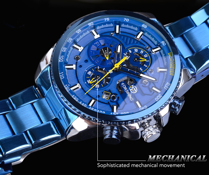 Men&apos;s Automatic Watch Blue Steel Band Calendar 3 Sub Dial Wristwatch Mechanical Male Clock