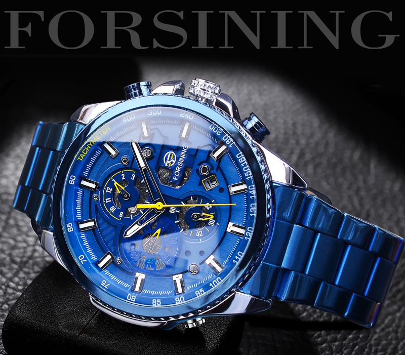 Men&apos;s Automatic Watch Blue Steel Band Calendar 3 Sub Dial Wristwatch Mechanical Male Clock