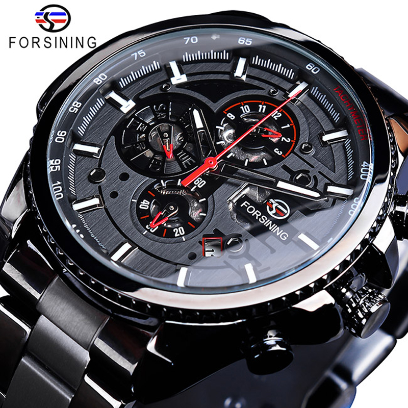 Men&apos;s Automatic Watch Blue Steel Band Calendar 3 Sub Dial Wristwatch Mechanical Male Clock