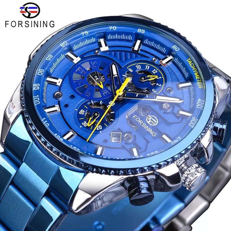 Men&apos;s Automatic Watch Blue Steel Band Calendar 3 Sub Dial Wristwatch Mechanical Male Clock