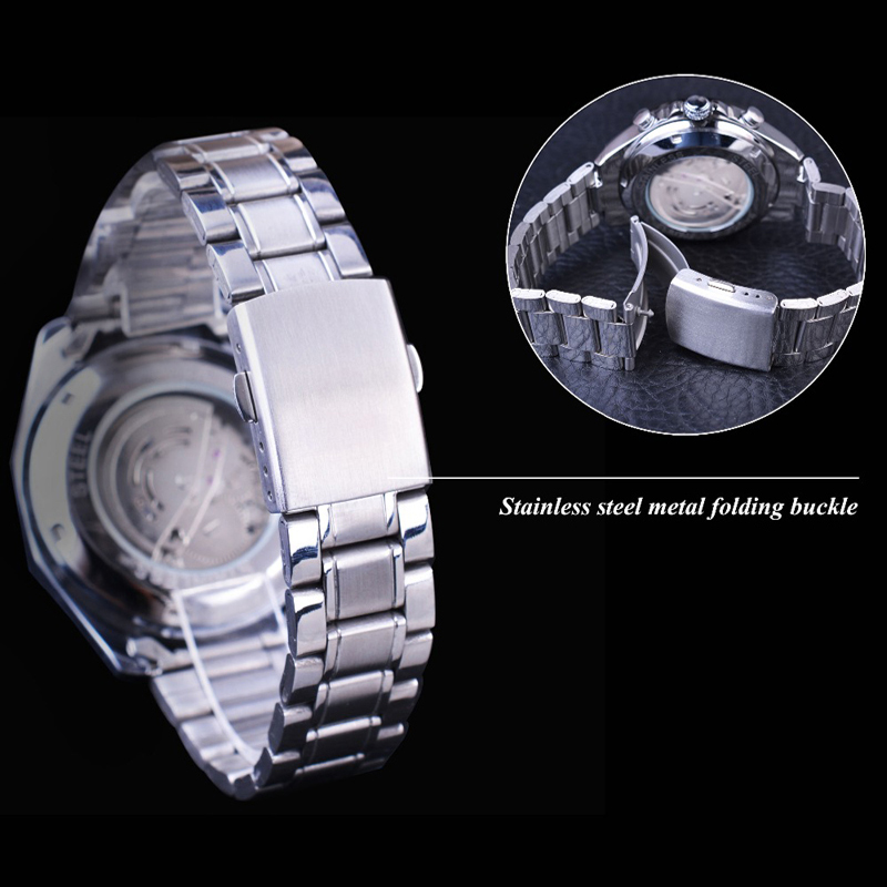 Military Sport Design Automatic Transparent Silver Stainless Steel Skeleton Mens Mechanical Watches