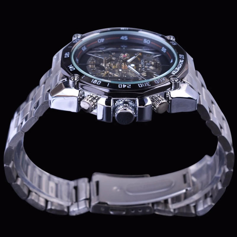 Military Sport Design Automatic Transparent Silver Stainless Steel Skeleton Mens Mechanical Watches