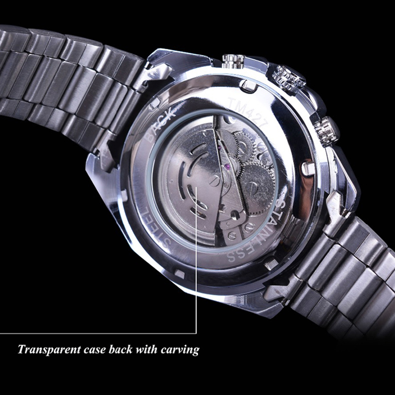 Military Sport Design Automatic Transparent Silver Stainless Steel Skeleton Mens Mechanical Watches
