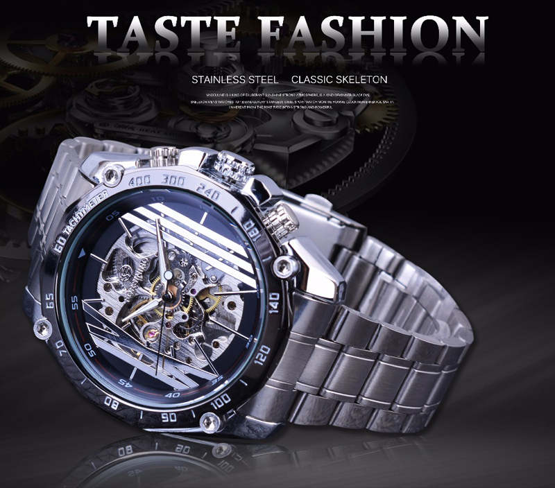 Military Sport Design Automatic Transparent Silver Stainless Steel Skeleton Mens Mechanical Watches
