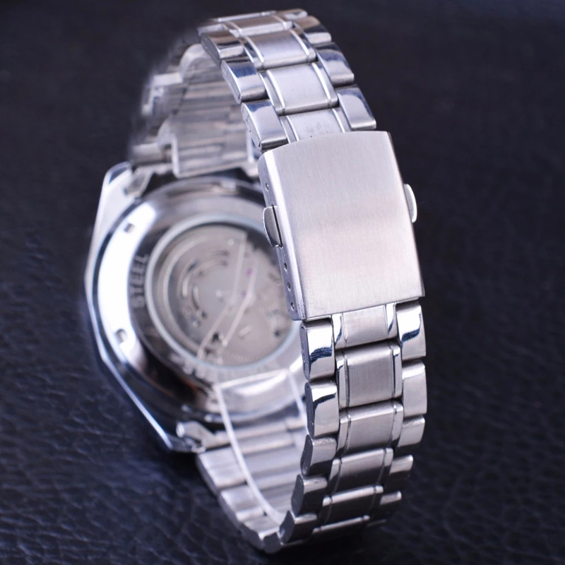 Military Sport Design Automatic Transparent Silver Stainless Steel Skeleton Mens Mechanical Watches