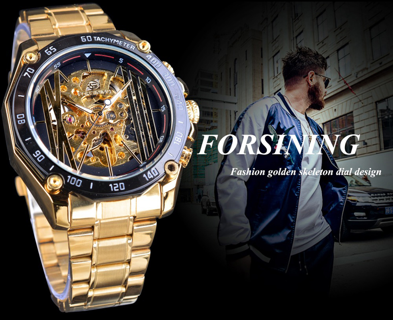 Military Sport Design Automatic Transparent Silver Stainless Steel Skeleton Mens Mechanical Watches