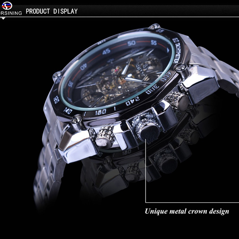 Military Sport Design Automatic Transparent Silver Stainless Steel Skeleton Mens Mechanical Watches