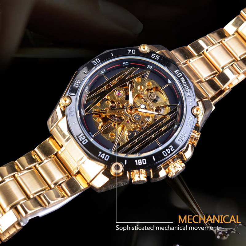 Military Sport Design Automatic Transparent Silver Stainless Steel Skeleton Mens Mechanical Watches