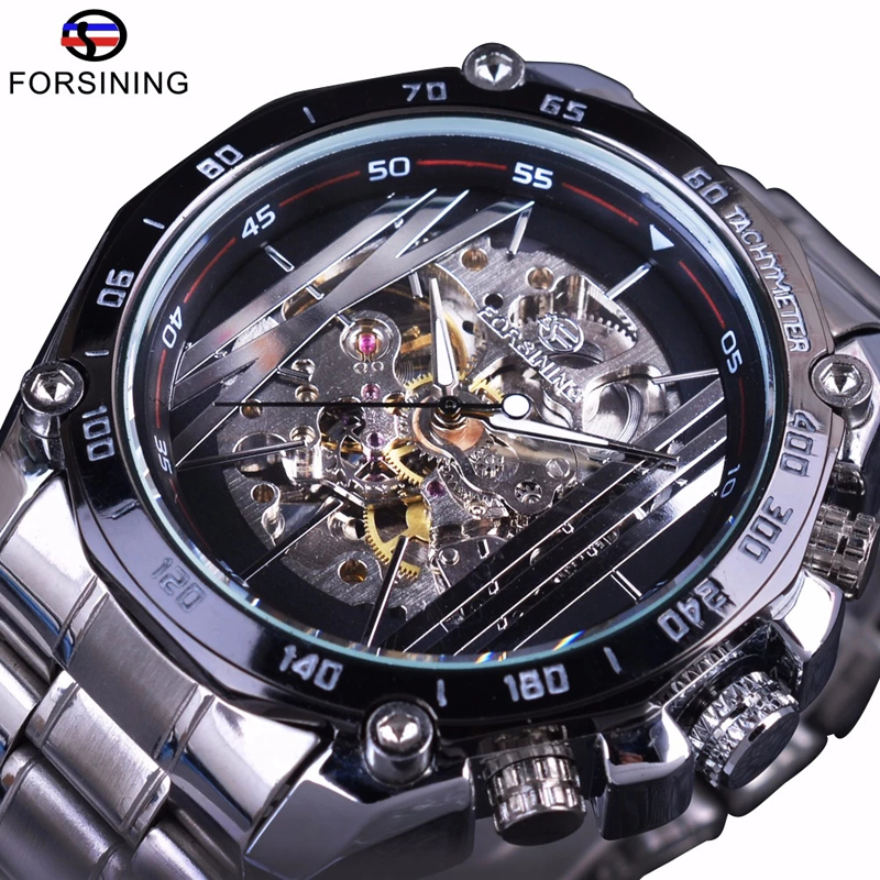 Military Sport Design Automatic Transparent Silver Stainless Steel Skeleton Mens Mechanical Watches